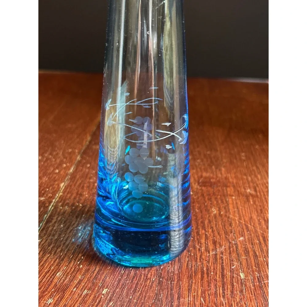 Vintage Blue Glass Bud Vase Etched Grape Vine Frosted 9.5